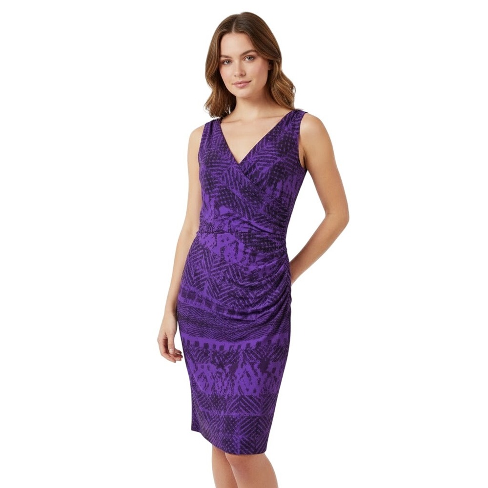 Lauren‎ Ralph Lauren Dress 2 Purple Faux Wrap Geometric Print Surplice Ruched